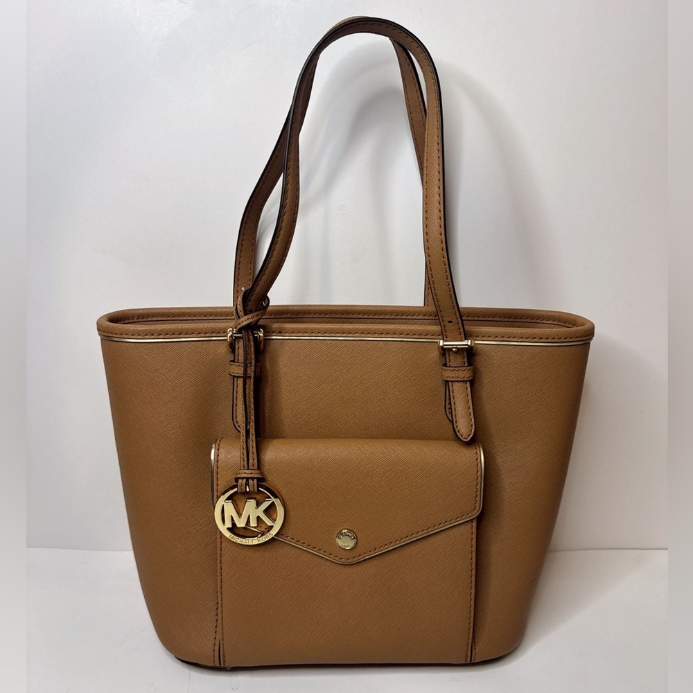 Michael Kors Large Brown Saffiano Leather Jet Set Snap Pocket Tote Gold Accent